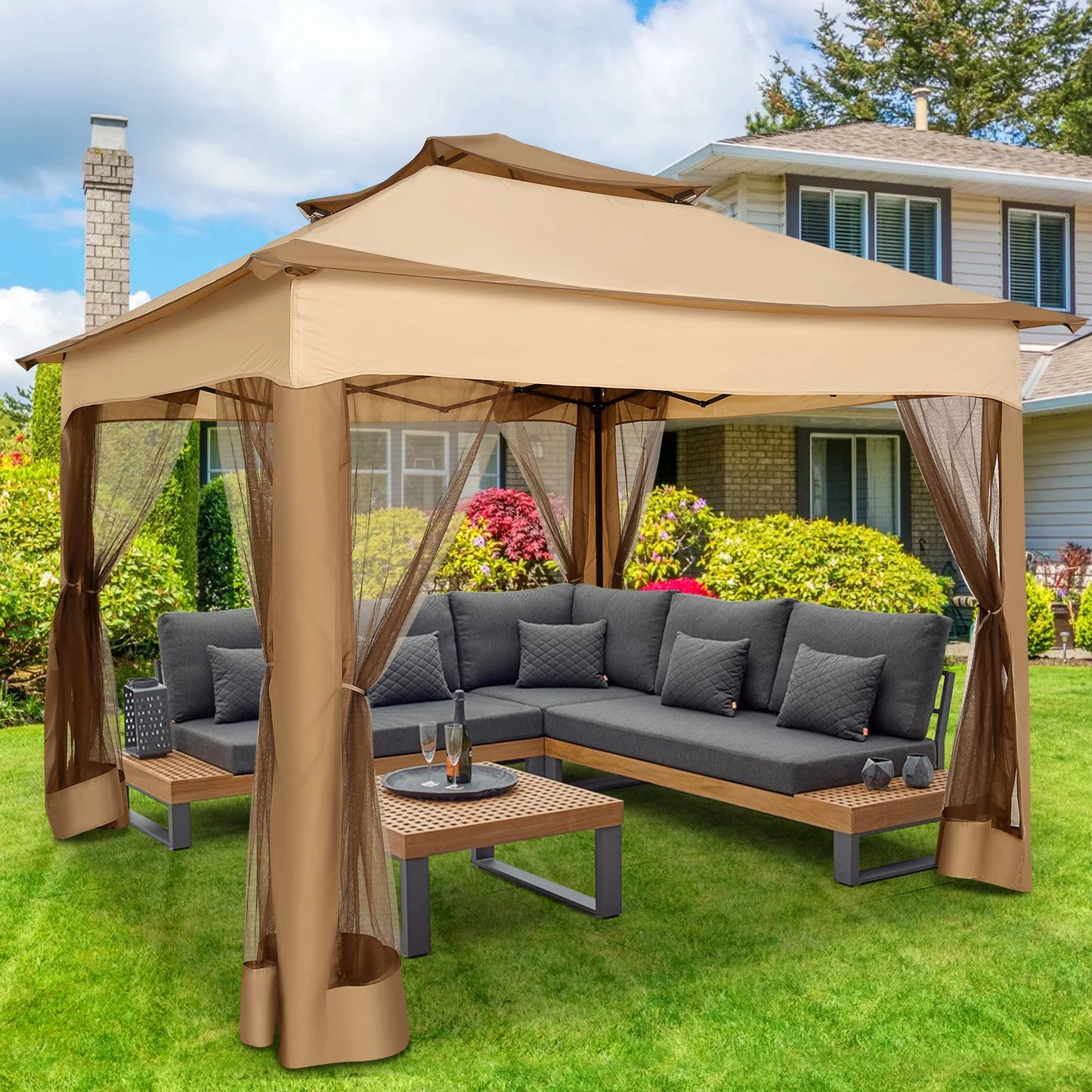 11x11 Pop Up Gazebo One-Push Canopy Tent with Mosquito Nettings