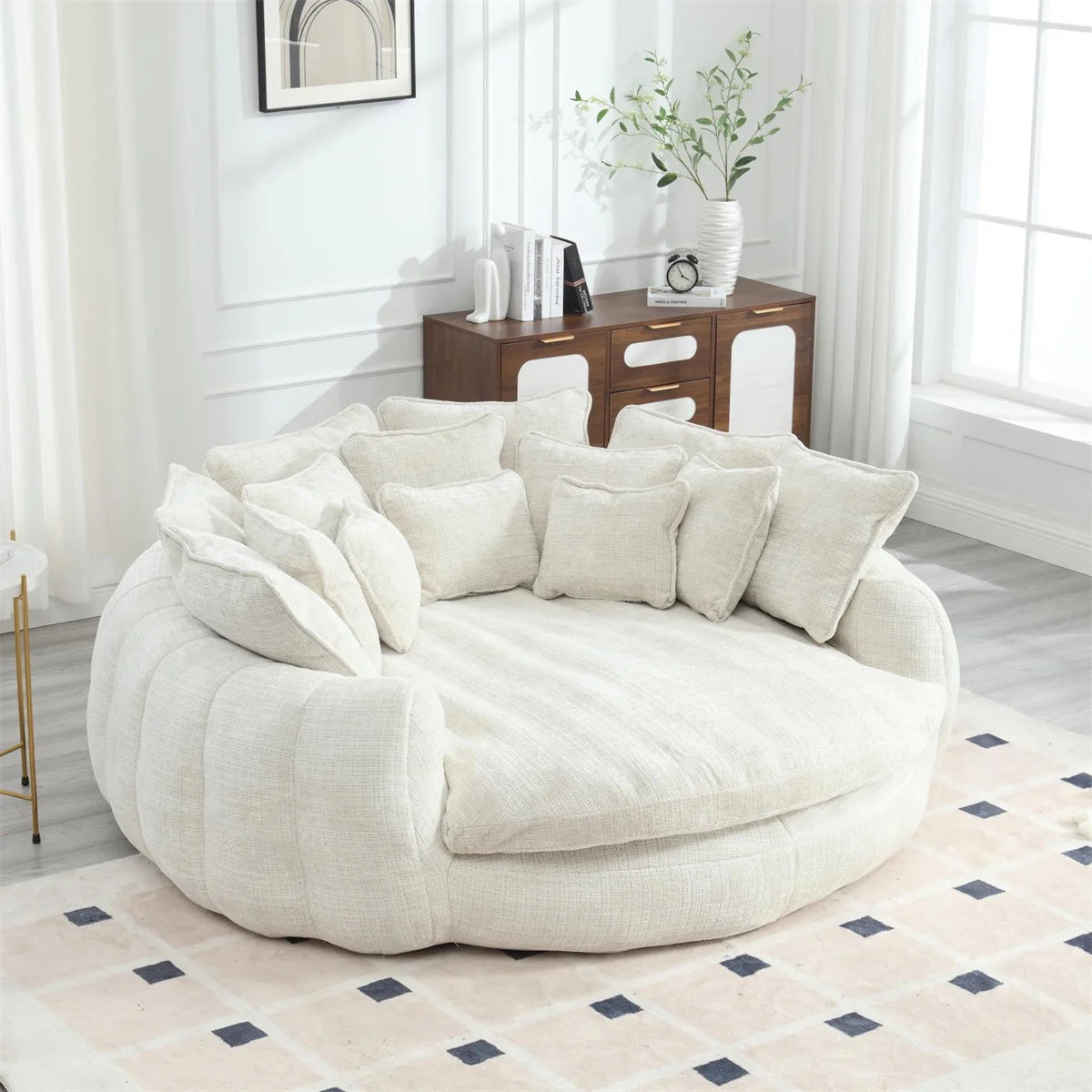81.1" Oversized Round Chaise Lounge Chair with 14 Pillows, Modern Chenille
