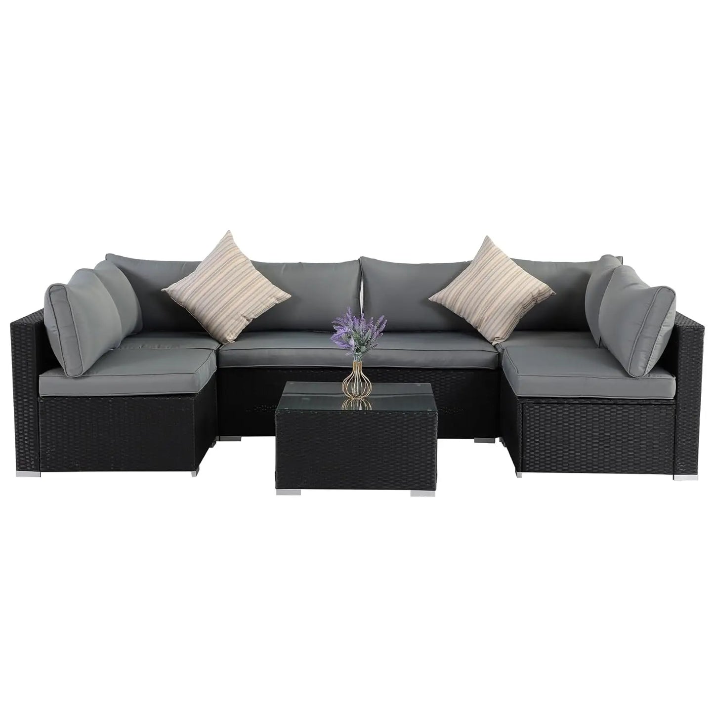 7pc Patio Sectional Wicker Sofa Set, All-Weather Cushions, Glass Table