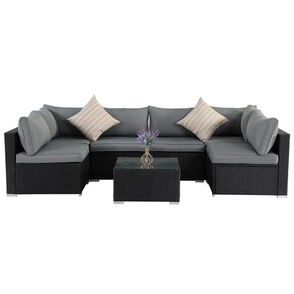 7pc Patio Sectional Wicker Sofa Set, All-Weather Cushions, Glass Table
