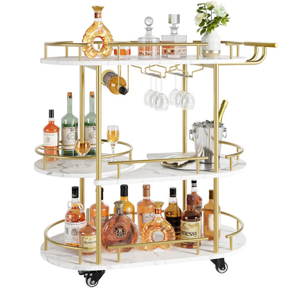 Mobile Bar Cart w/4-Tiers Storage Shelves, Gold