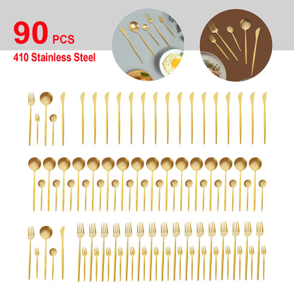 90pc Gold 420 Stainless Steel Silverware - Heavy Duty Cutlery
