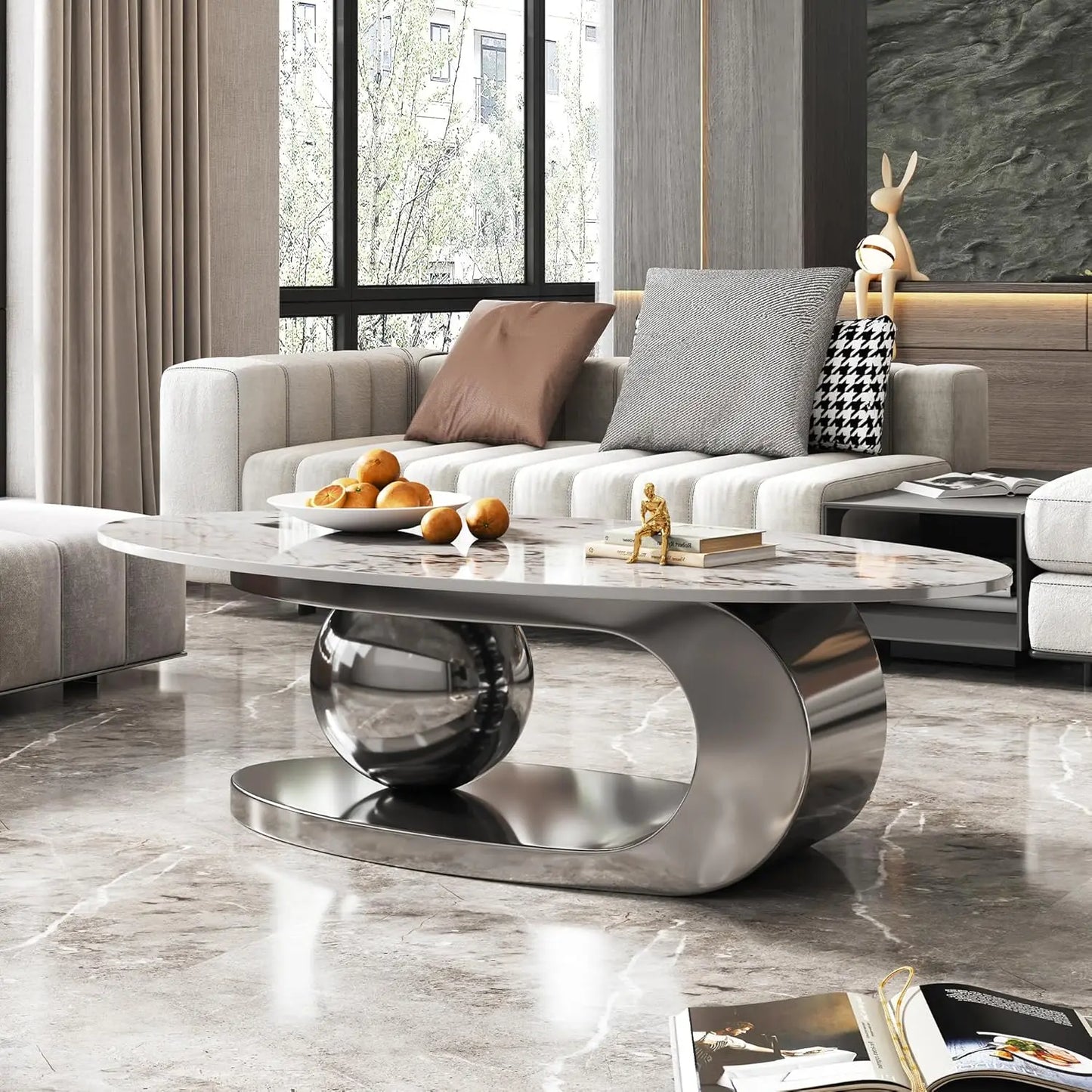 Modern, Oval Living Room Table w/ Faux Marble Top