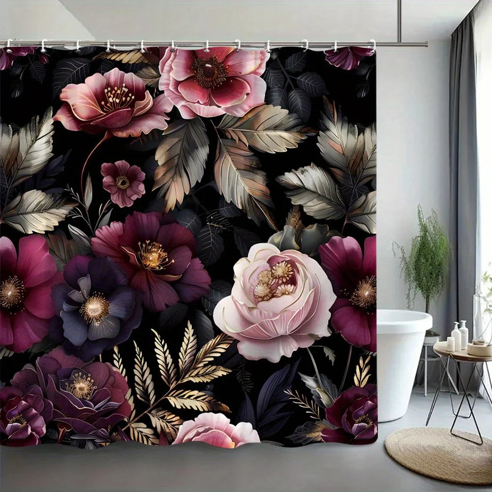 Magenta, Pink, Purple, White Flowers on Black, Polyester, Shower Curtain