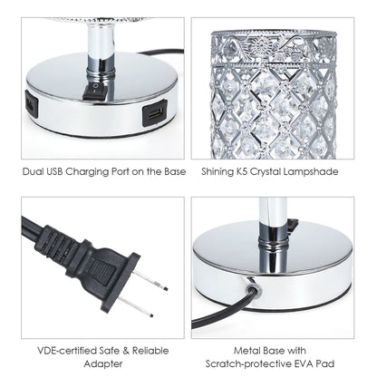 Modern Decorative Crystal Table Lamp Dual, USB Charging