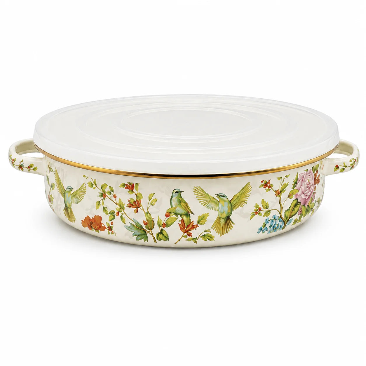 11 Inch Enamel Pie Pan Vintage Floral Non-Stick Baking Dish w/Lid