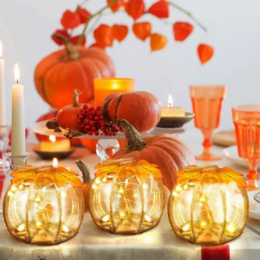 3pc Fall Glass Pumpkin Lights, Centerpieces Autumn Harvest Pumpkin, Battery