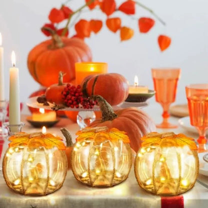 3pc Fall Glass Pumpkin Lights, Centerpieces Autumn Harvest Pumpkin, Battery