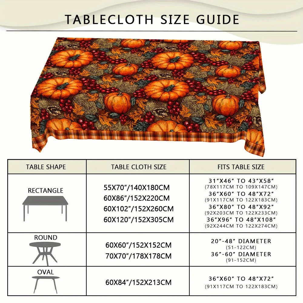Autumn Pumpkin Maple Leaf Pattern Tablecloth, Plaid, Decorative Edges, Polyester