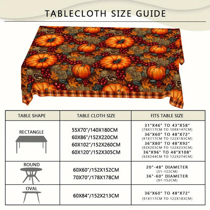 Autumn Pumpkin Maple Leaf Pattern Tablecloth, Plaid, Decorative Edges, Polyester