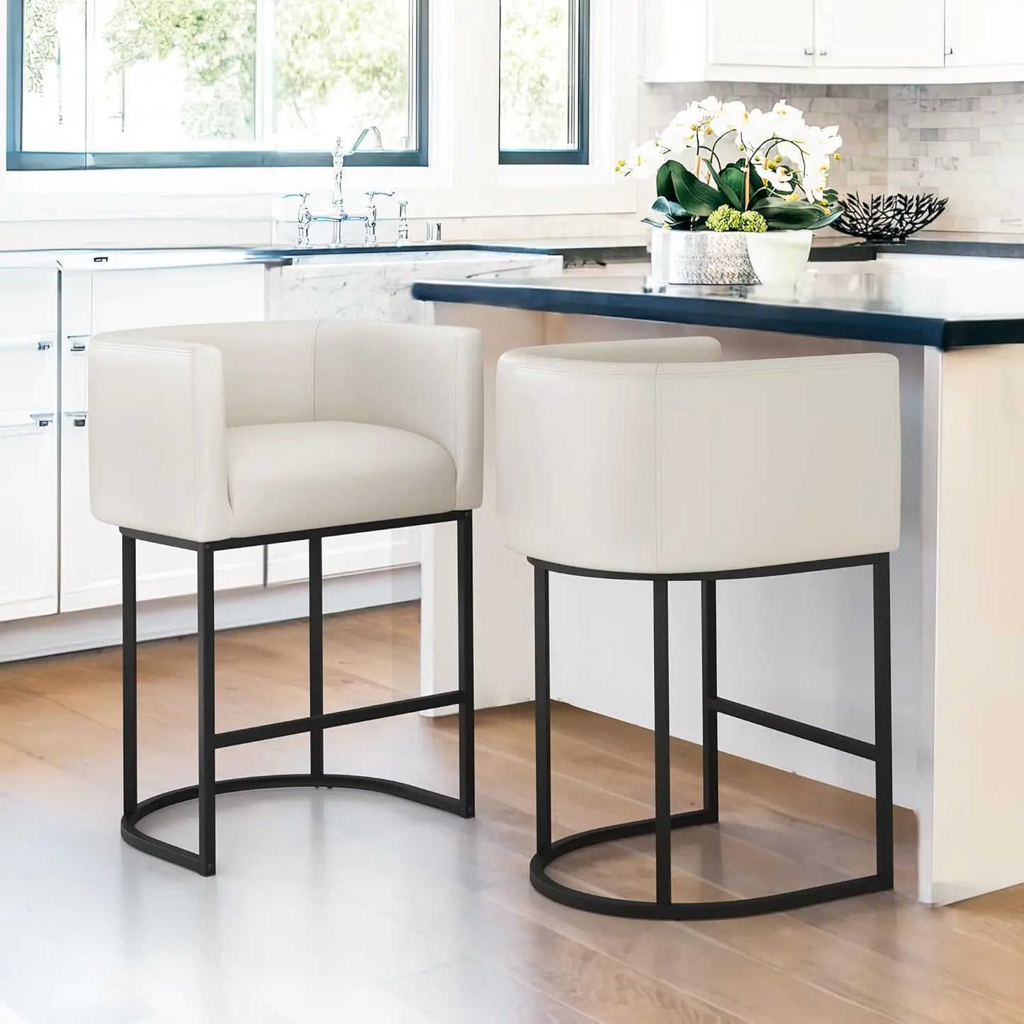 Set (2) 27" Modern Counter Stools w/Backrest and Arms, Black Frames