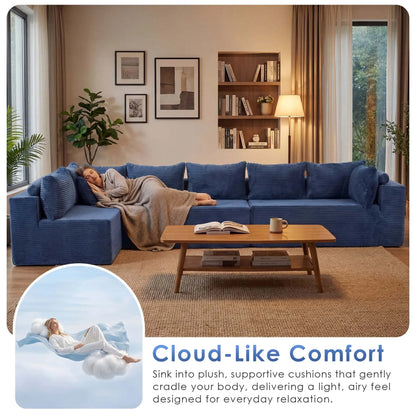 107" Boneless 6 Seat Sectional Couch w/Ottoman, Deep Seating