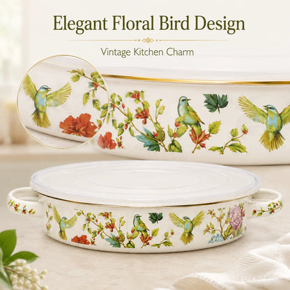 11 Inch Enamel Pie Pan Vintage Floral Non-Stick Baking Dish w/Lid