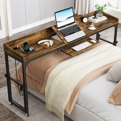 Adjustable Overbed Table with Wheels, Queen Size Over Bed Desk