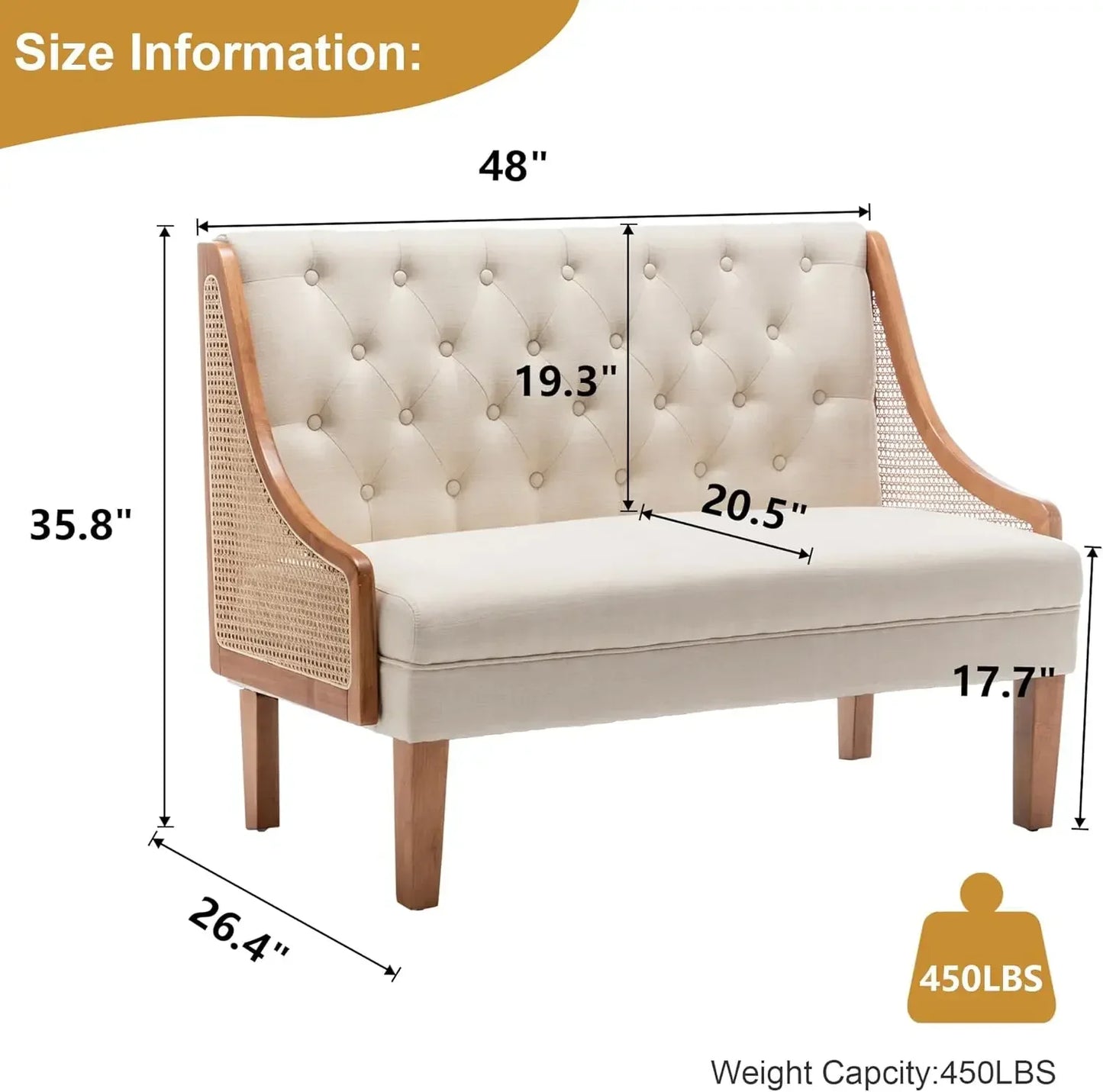 Modern Upholstered Loveseat with Natural Rattan Arms