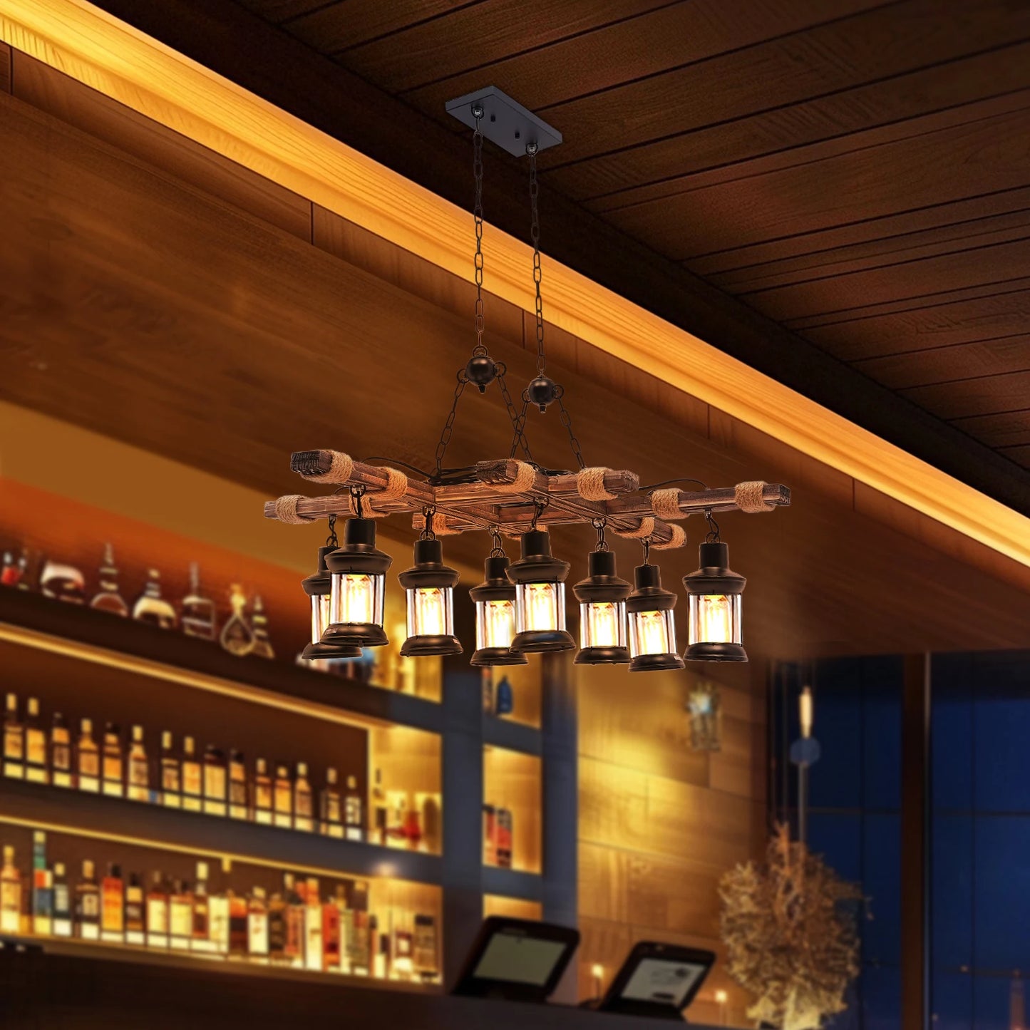 Vintage Wood Ceiling Chandelier, Retro Ceiling Lamp