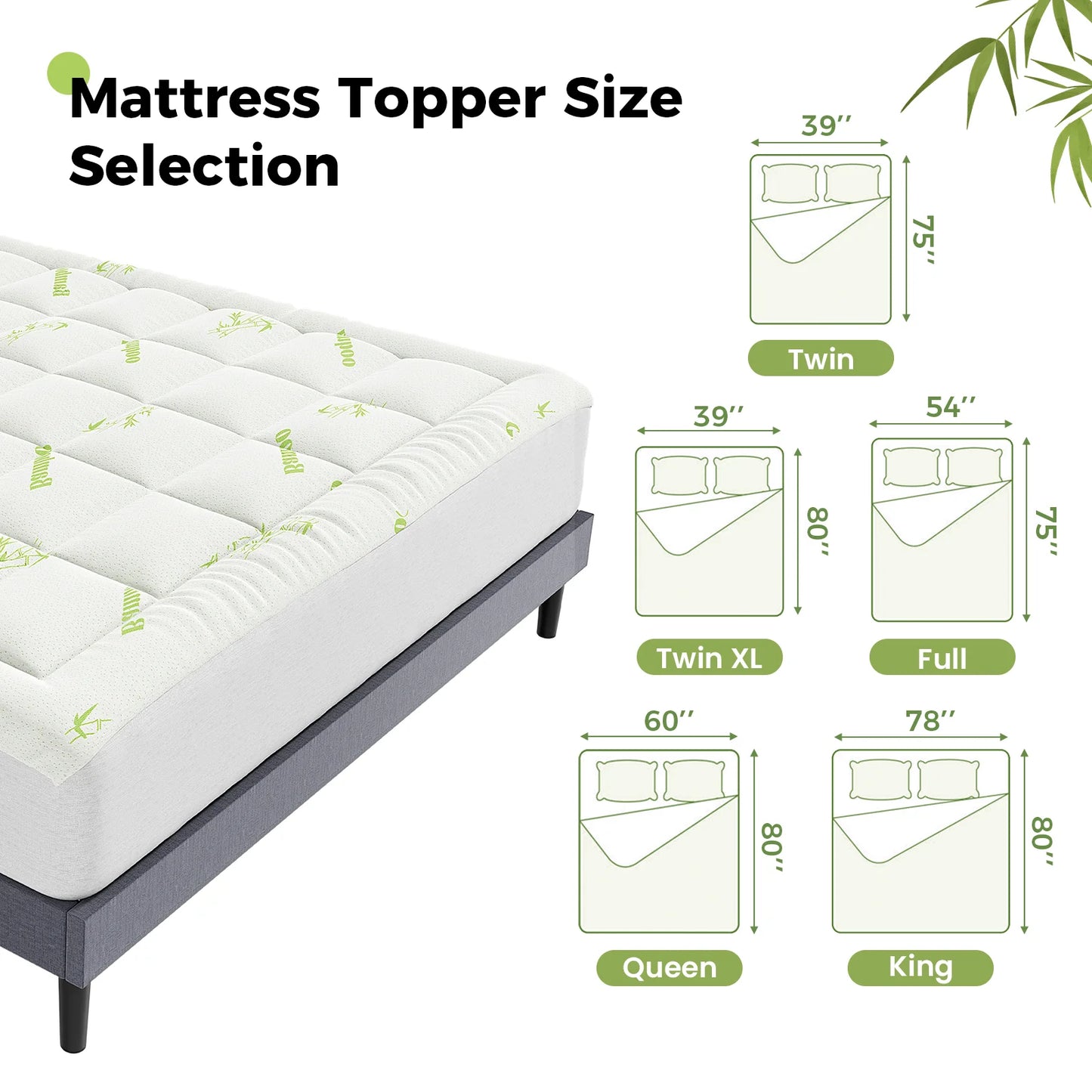 Breathable, Cooling Bamboo Fiber Soft Mattress Topper w/Deep Pockets