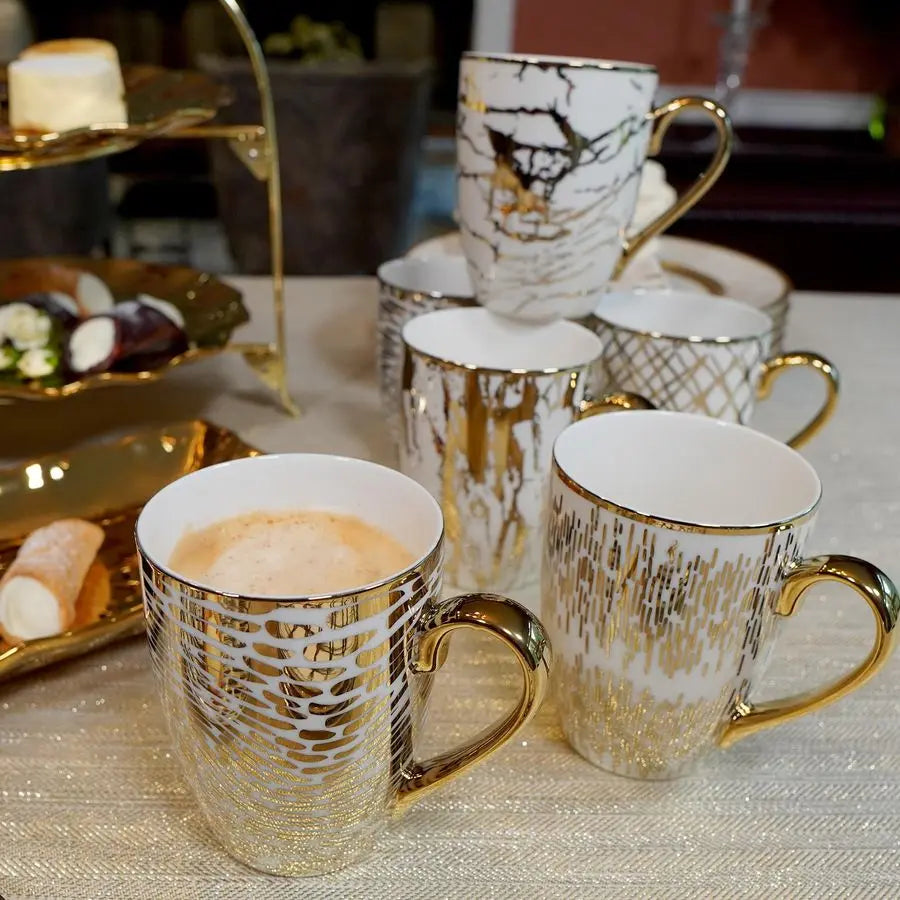 6pc Porcelain Coffee Mug Set, Gold Plated Finish,
