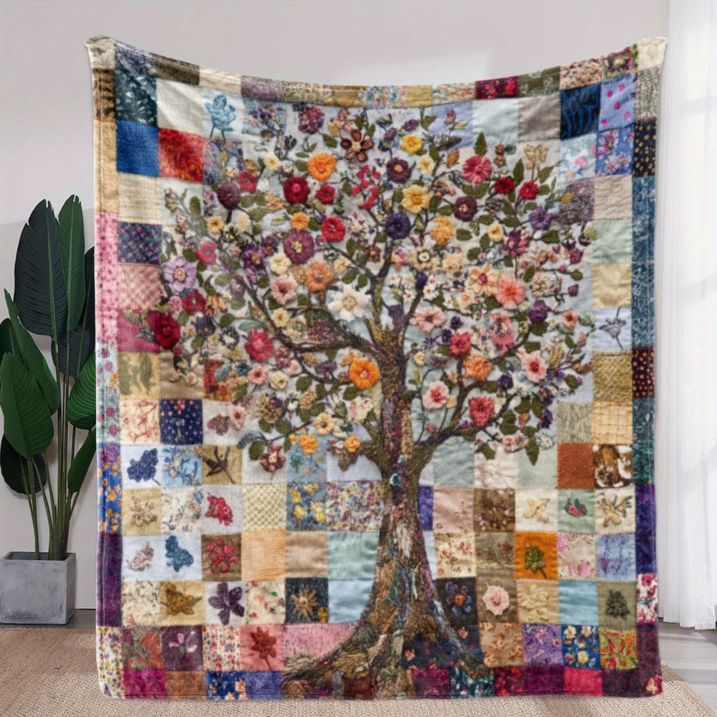 Cozy Colorful Floral Tree Patchwork Flannel Quilt - Soft