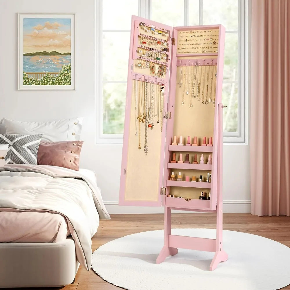 Adjustable Free-Standing Jewelry Armoire w/Full Length Mirror, 3 Positions