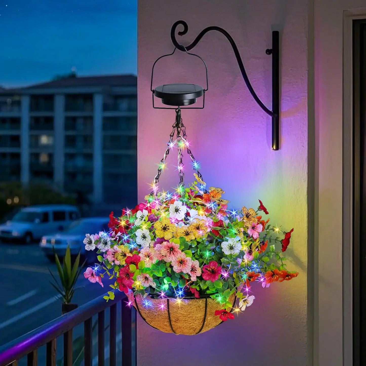 Solar Powered Hanging Flower Basket, Decorative Lighting,