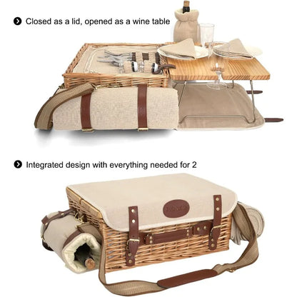 Multi-use Insulated Wicker Picnic Basket for 2 w/Blanket, Table
