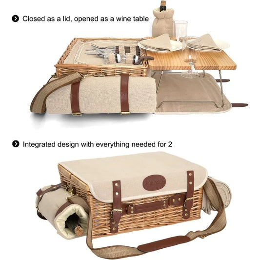 Multi-use Insulated Wicker Picnic Basket for 2 w/Blanket, Table