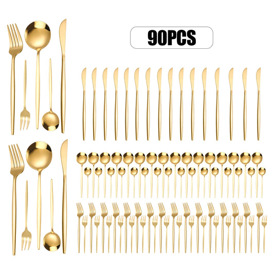 90pc Gold 420 Stainless Steel Silverware - Heavy Duty Cutlery