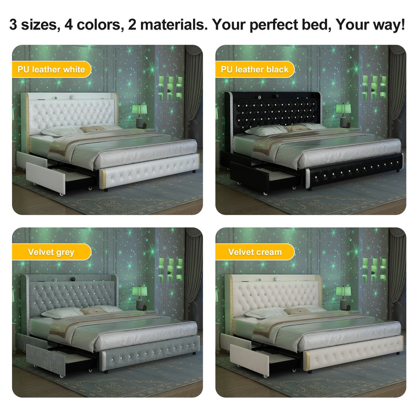 4 Drawers, Queen LED Bed Frame w/Galaxy Projector, Bluetooth, USB Ports
