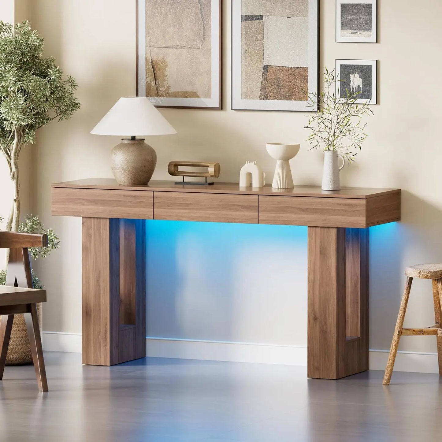 63" Console Rectangular Sofa Table w/Colorful LED Lights and 3 Drawers