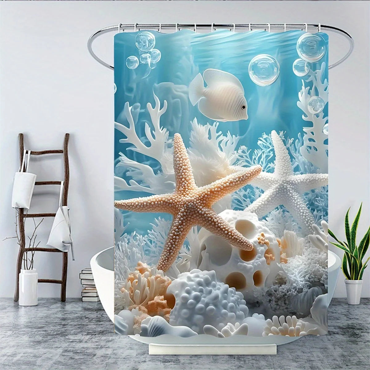 Ocean Theme 2D Flat Shower Curtain, Bathroom Set, Non Slip