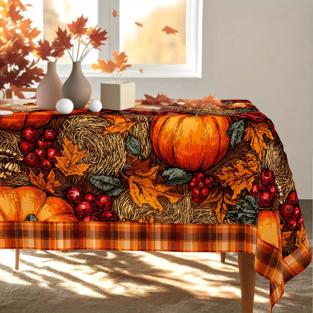 Autumn Pumpkin Maple Leaf Pattern Tablecloth, Plaid, Decorative Edges, Polyester