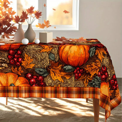 Autumn Pumpkin Maple Leaf Pattern Tablecloth, Plaid, Decorative Edges, Polyester