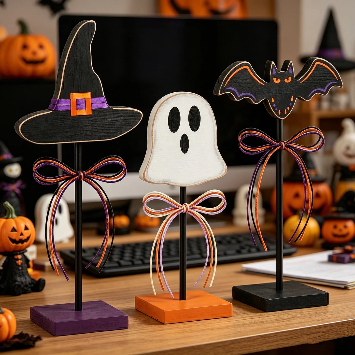 Halloween 3pc Assorted Ornaments Set, Wooden Tabletop, Witch Hat, Ghost, Bat with Ribbon