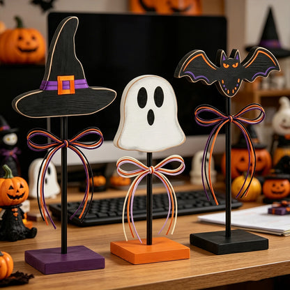 Halloween 3pc Assorted Ornaments Set, Wooden Tabletop, Witch Hat, Ghost, Bat with Ribbon