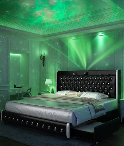 4 Drawers, Queen LED Bed Frame w/Galaxy Projector, Bluetooth, USB Ports