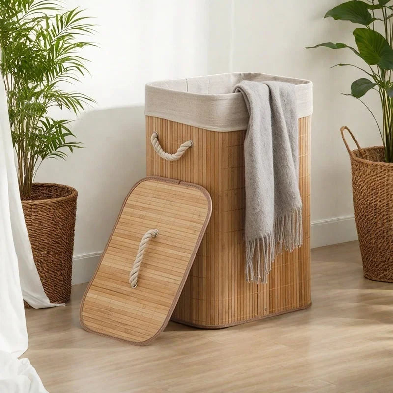 Large Bamboo Foldable Laundry, Storage Basket w/Lid