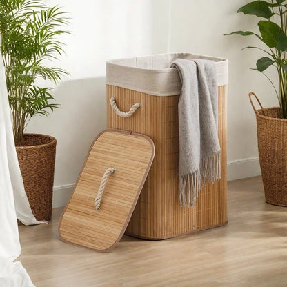 Large Bamboo Foldable Laundry, Storage Basket w/Lid