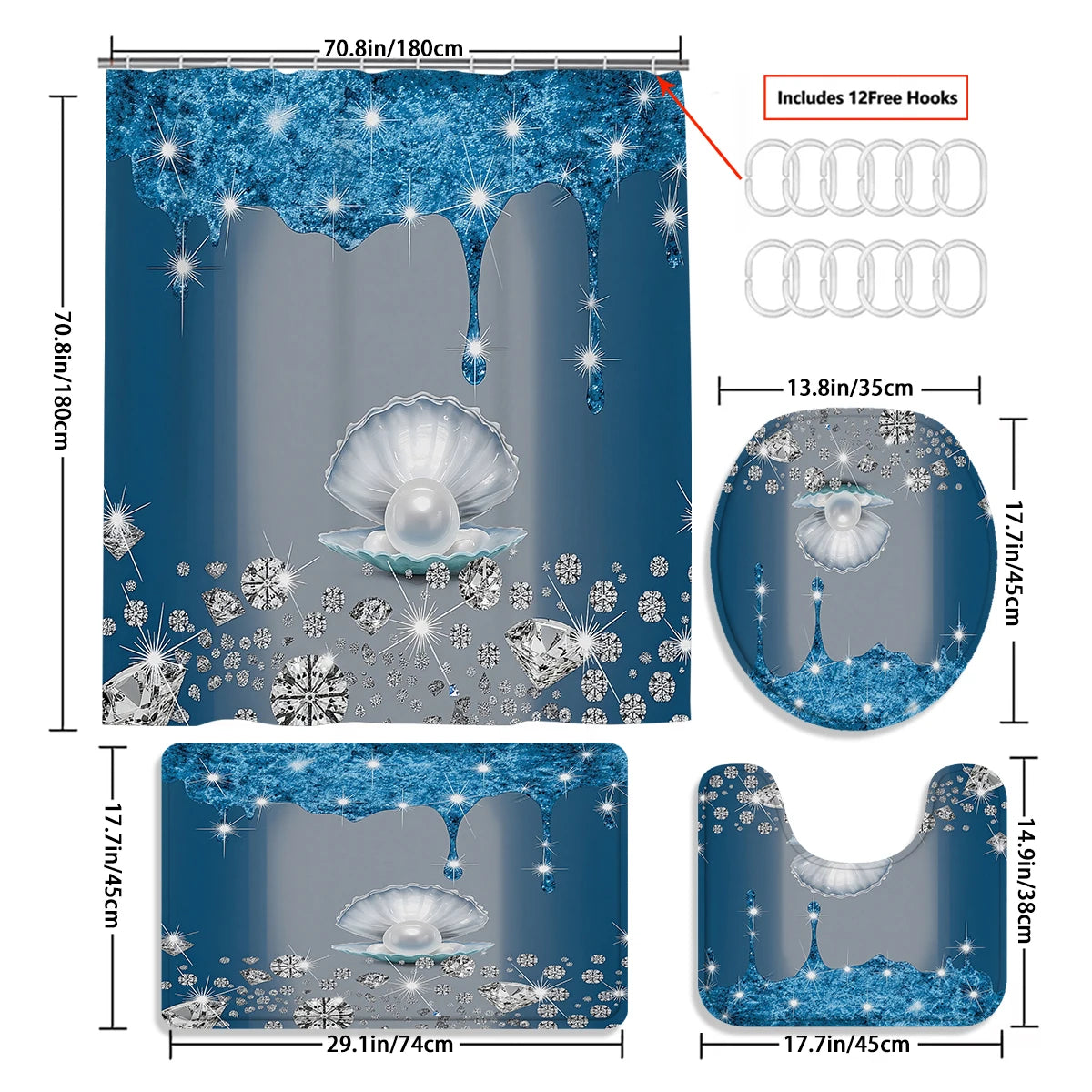 4pc Blue Pearl Diamond Shower Curtain Set with Hooks