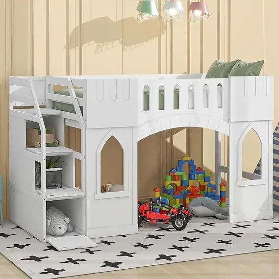 Playhouse Design Twin Size Loft Bed w/Built-in Storage