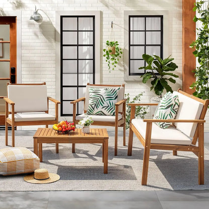 4pc Outdoor Patio Acacia Wood Sofa Set w/Table & Cushions