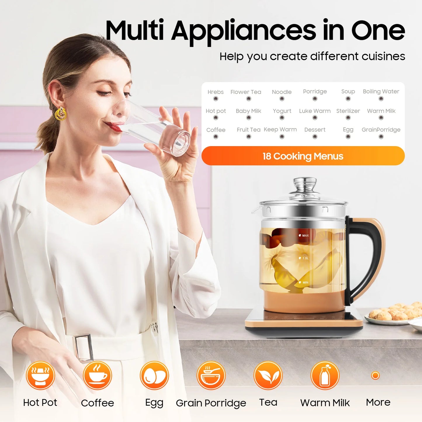1.8L Electric Tea Kettle, Pot w/12 Independent Warming Stages