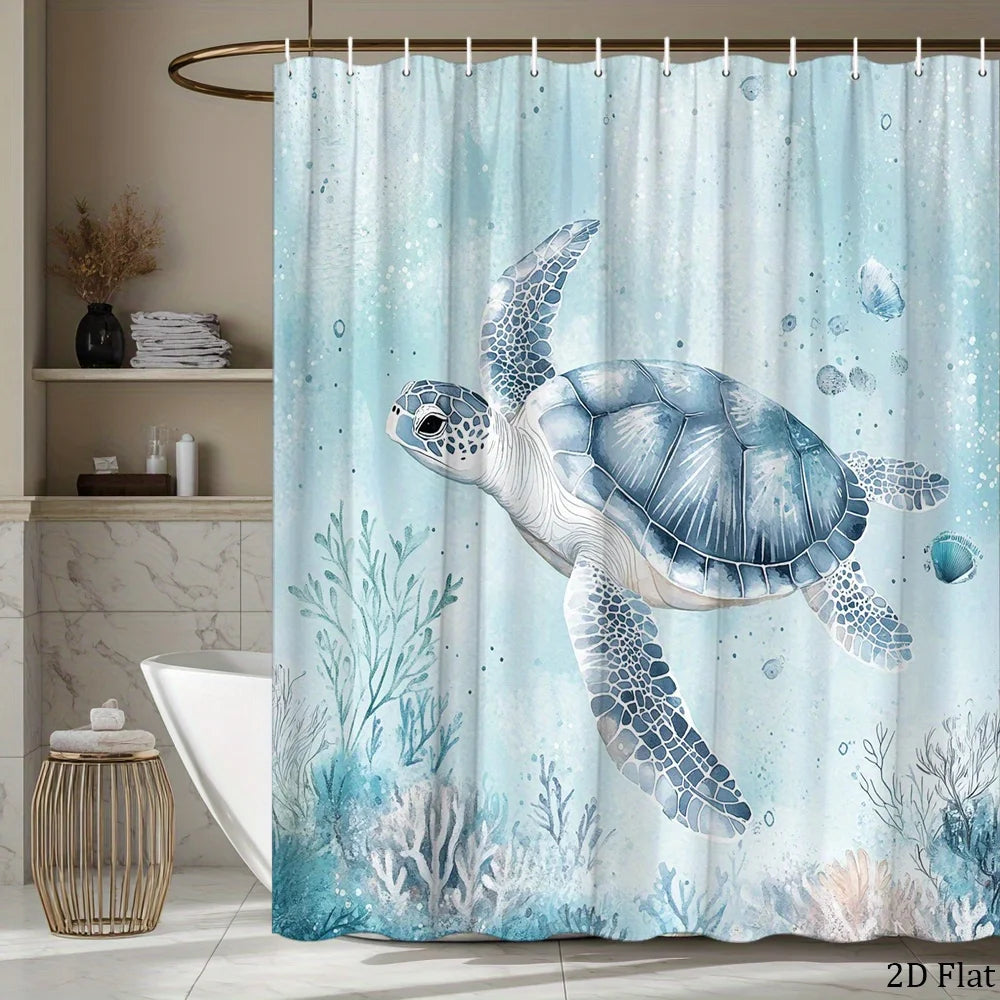 Sea Turtle Shower Curtain Blue Grey Coral Reef Underwater Design Polyester Fabric 12 Hooks Machine Washable Air Dry Modern Bathroom Decor Smooth Texture Turtle Theme Bathroom Curtain Waterproof Bath Curtain Ocean Style Bathro
