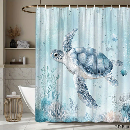 Sea Turtle Shower Curtain Blue Grey Coral Reef Underwater Design Polyester Fabric 12 Hooks Machine Washable Air Dry Modern Bathroom Decor Smooth Texture Turtle Theme Bathroom Curtain Waterproof Bath Curtain Ocean Style Bathro