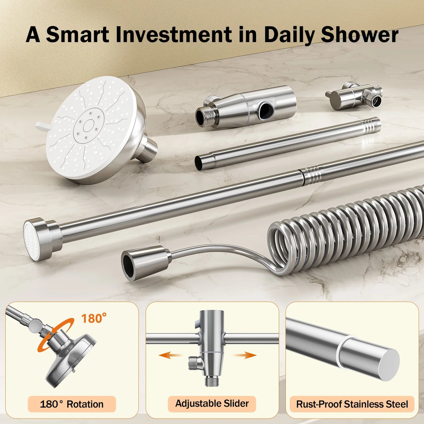 High Pressure Double Shower Head, Adjustable Slider,