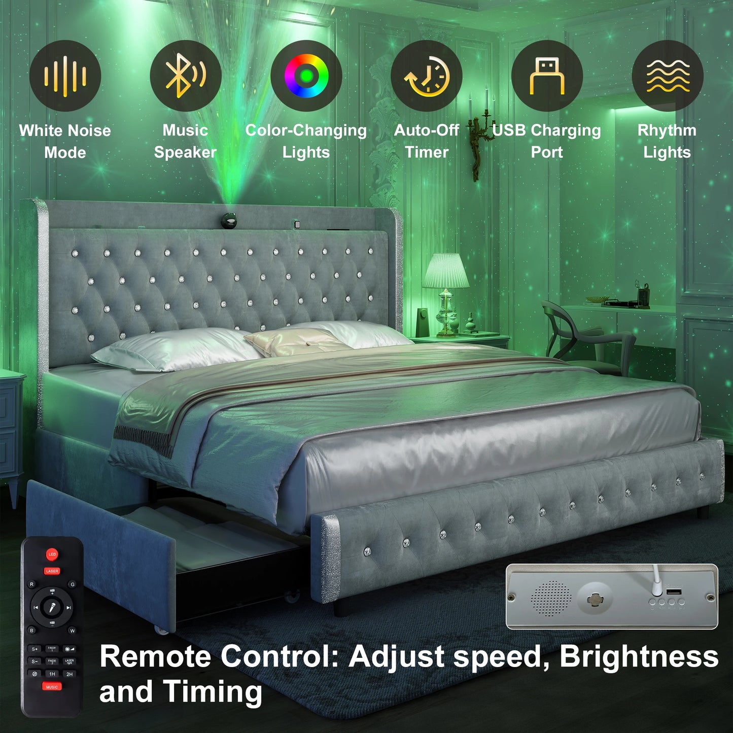 4 Drawers, Queen LED Bed Frame w/Galaxy Projector, Bluetooth, USB Ports