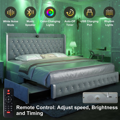 4 Drawers, Queen LED Bed Frame w/Galaxy Projector, Bluetooth, USB Ports