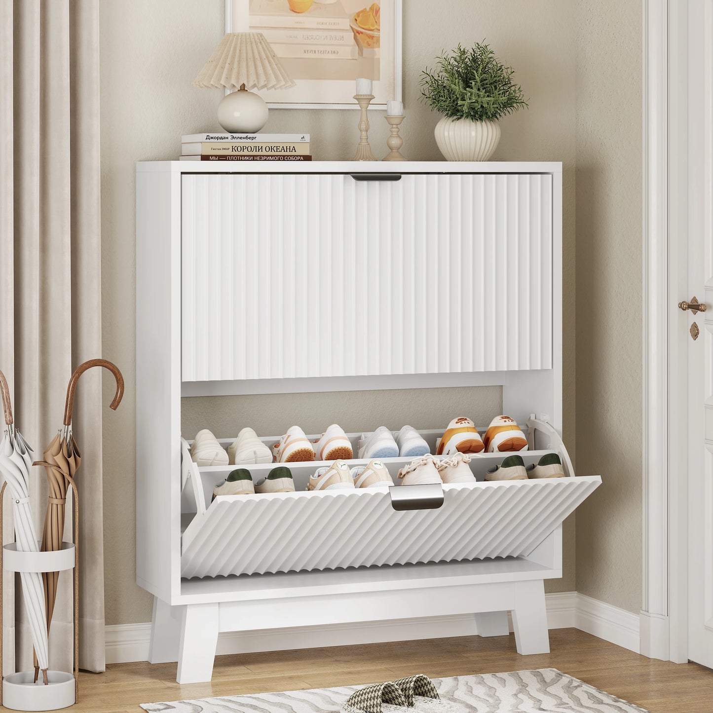37" Tall Narrow Fluted Shoe Cabinet w/2 Flip Drawers