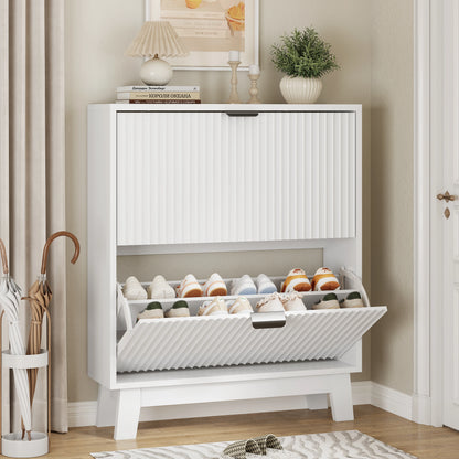 37" Tall Narrow Fluted Shoe Cabinet w/2 Flip Drawers