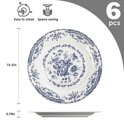 Ceramic Diner Plates Set of 6, Microwave Safe, Blue Rose/White
